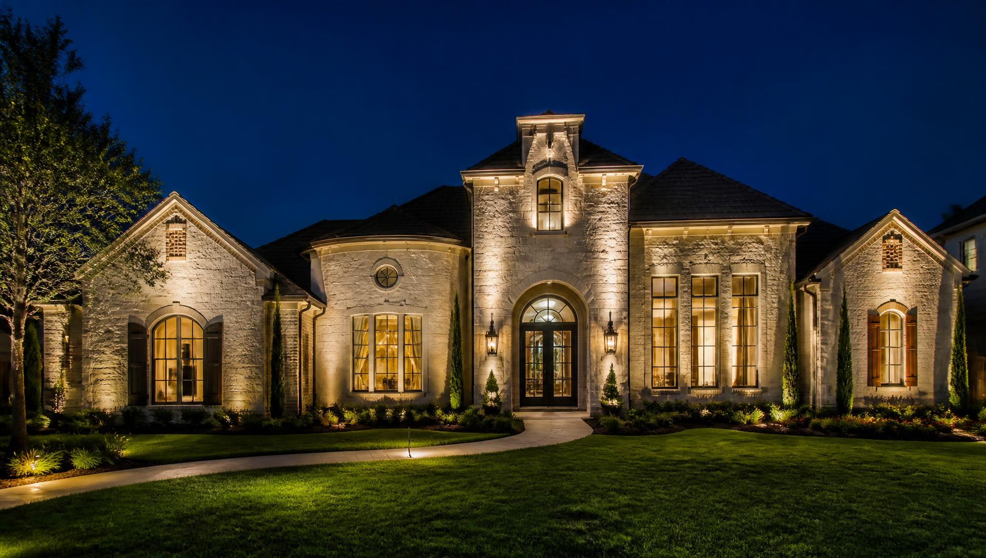 Houston stone home at dusk with warm white permanent architectural lighting along the rooflines