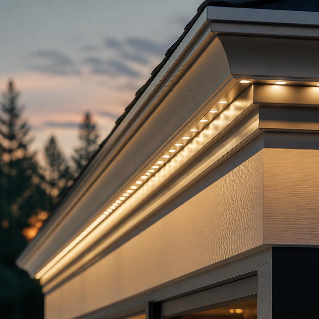 Close-up of custom color-matched galvalume track beneath a roofline